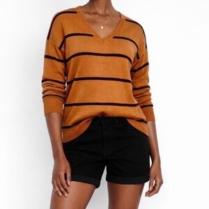 LOFT Brown/Black Striped V-Neck Pullover Sweater
